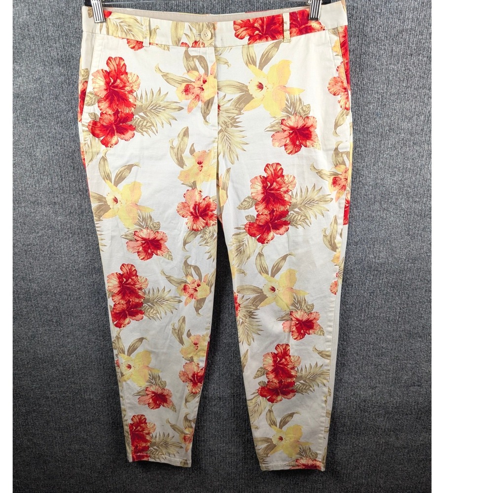 Talbots The Weekend Chino Pants Womens 12 Floral Tropical Hibiscus Ankle Red